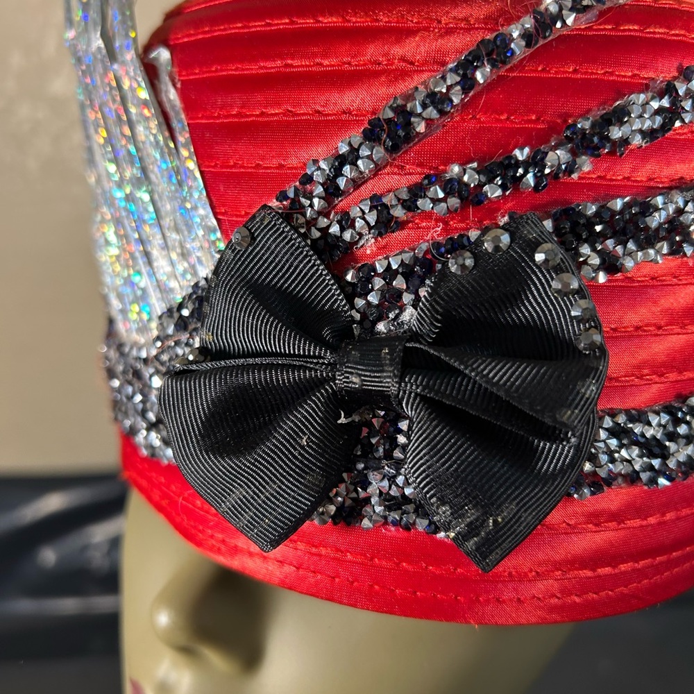 Red and Black Embellished Hat with Bow